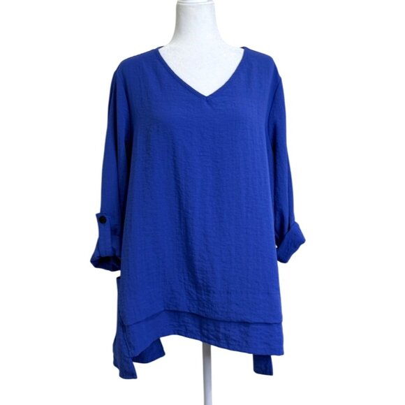 Ali Miles Womens Tunic Blue V-Neck Layered Hem Top Roll-Tab Sleeves Size XL - Picture 1 of 9